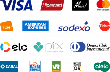 Bandeiras aceitas: Visa, Mastercard, Elo, American Express, Hipercard, Alelo, Sodexo, Ticket, VR e outras