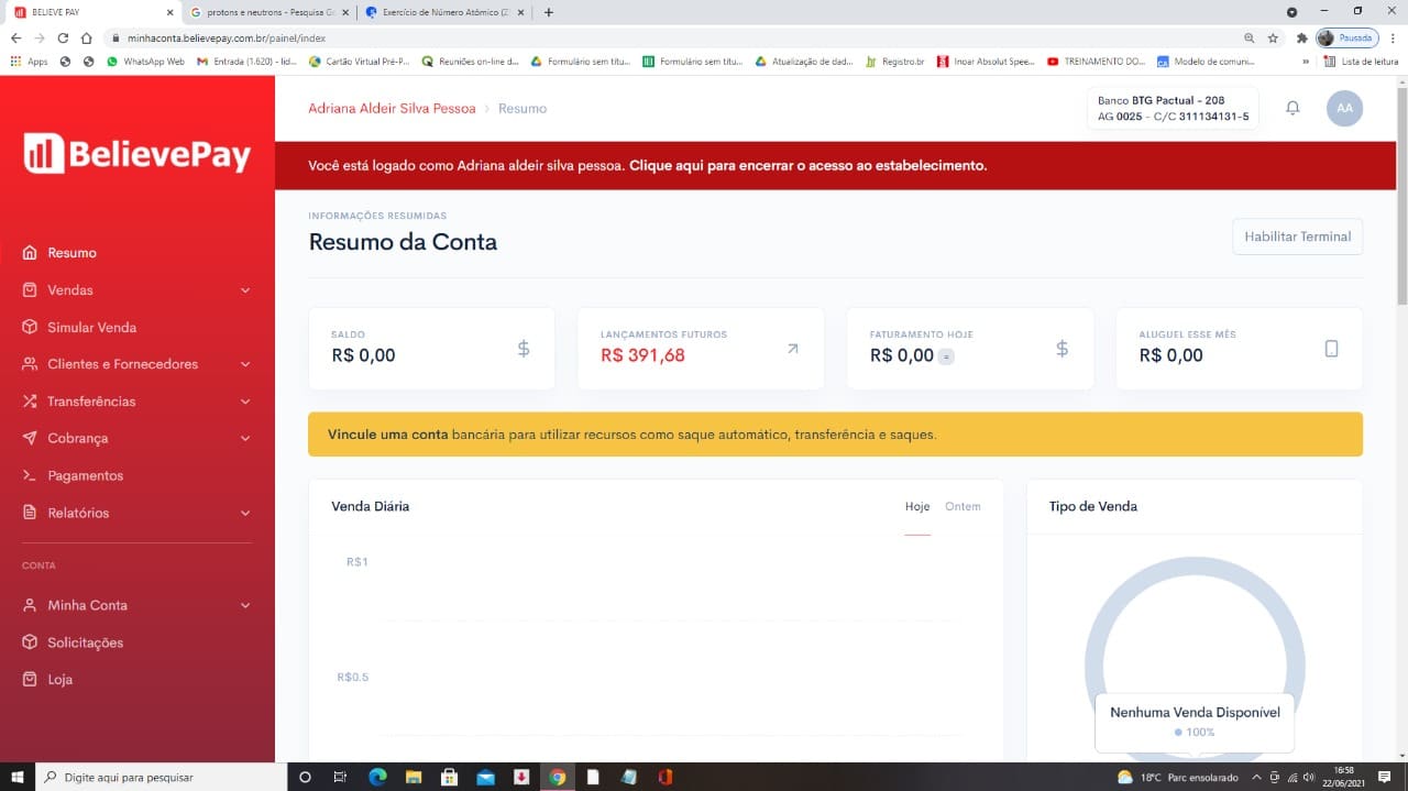 Painel do conciliador financeiro BelievePay com vendas em tempo real